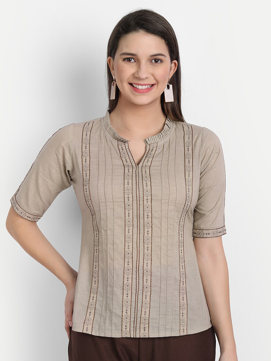 Buy HK Colours Of Fashion Beige Embroidered Mandarin Collar Top Tops