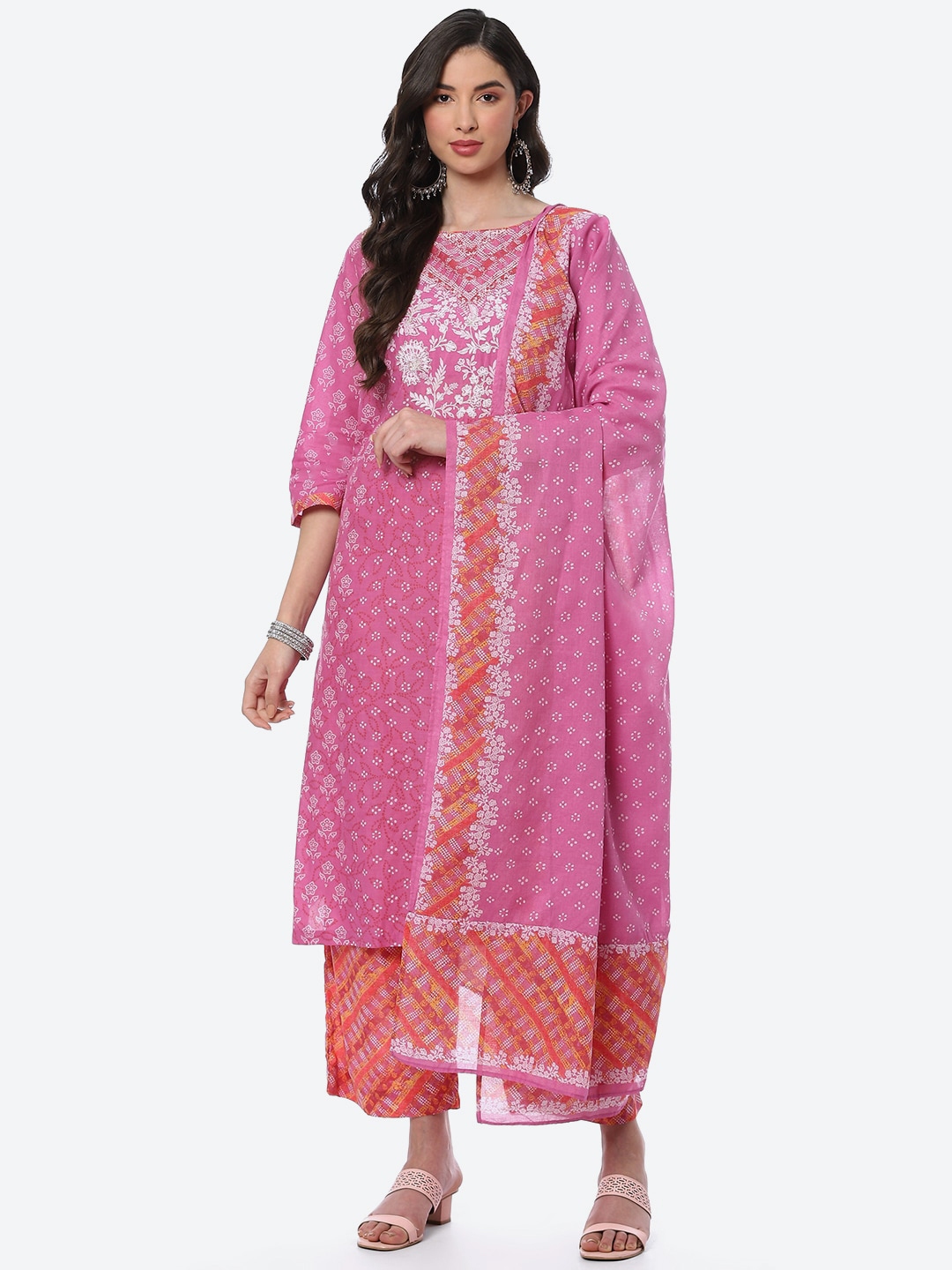 Buy Biba Women Pink Printed Pure Cotton Kurta With Palazzos & With ...