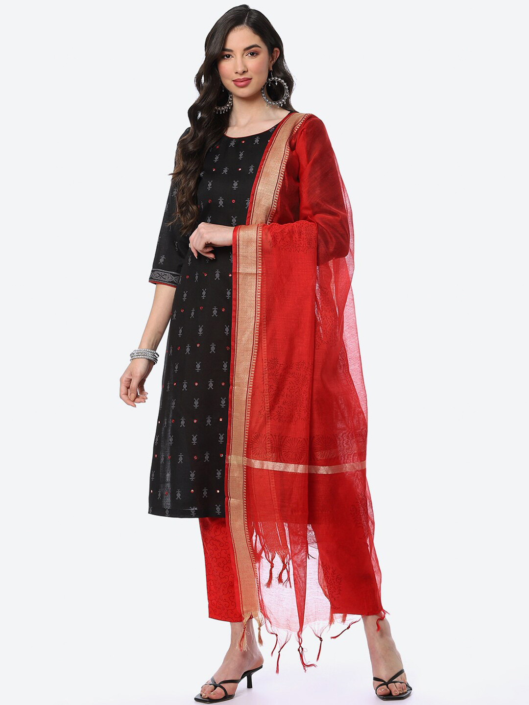 Buy Biba Black & Red Printed Pure Cotton Unstitched Dress Material