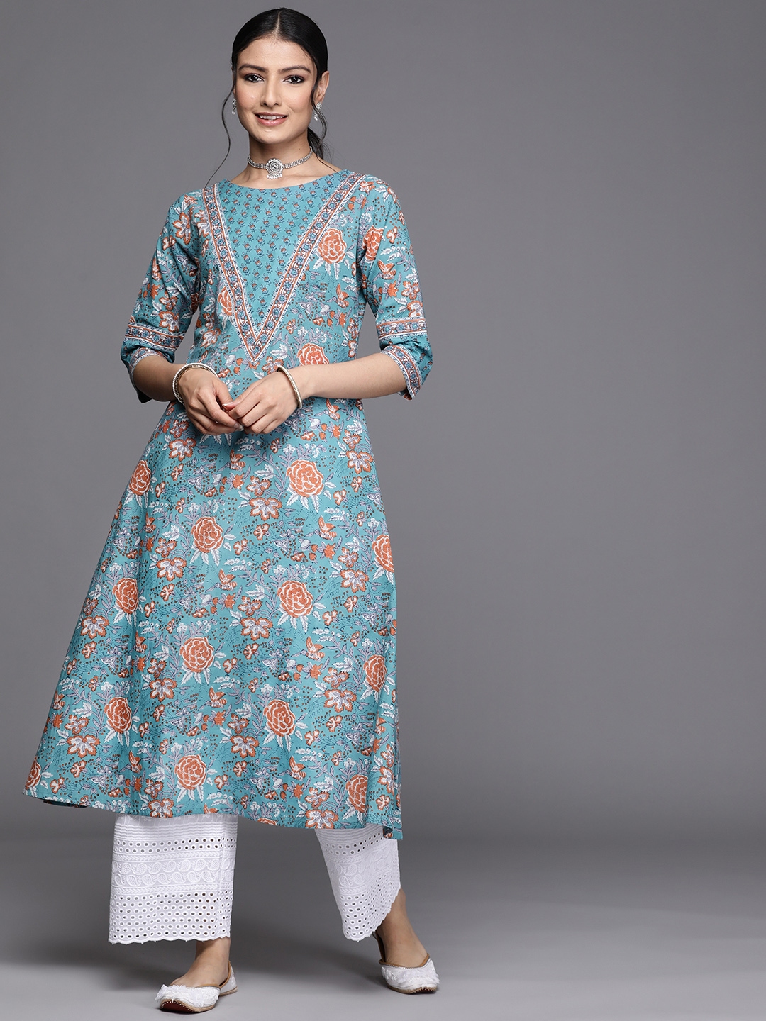 Buy Libas Women Blue & Orange Floral Printed Patchwork Kurta - Kurtas ...