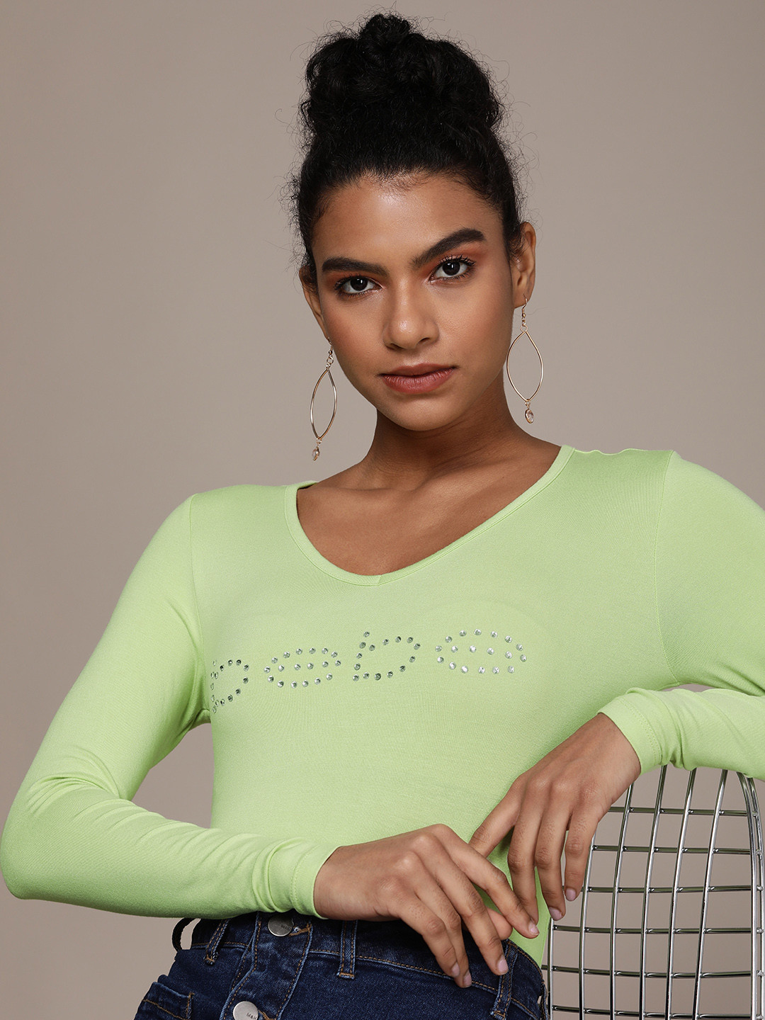 Buy Bebe Women Lily Green Essential Brand Logo Embellished V Neck T
