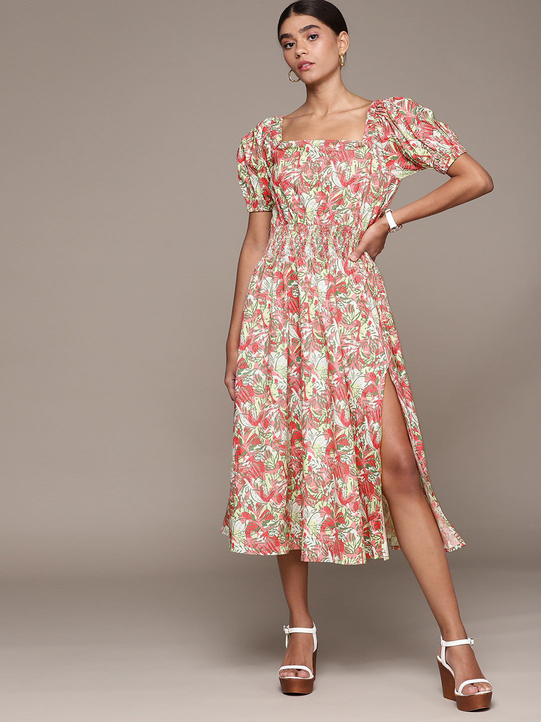 Buy Bebe Women Lily Green & Pink Holiday Floral Print Smocked A Line