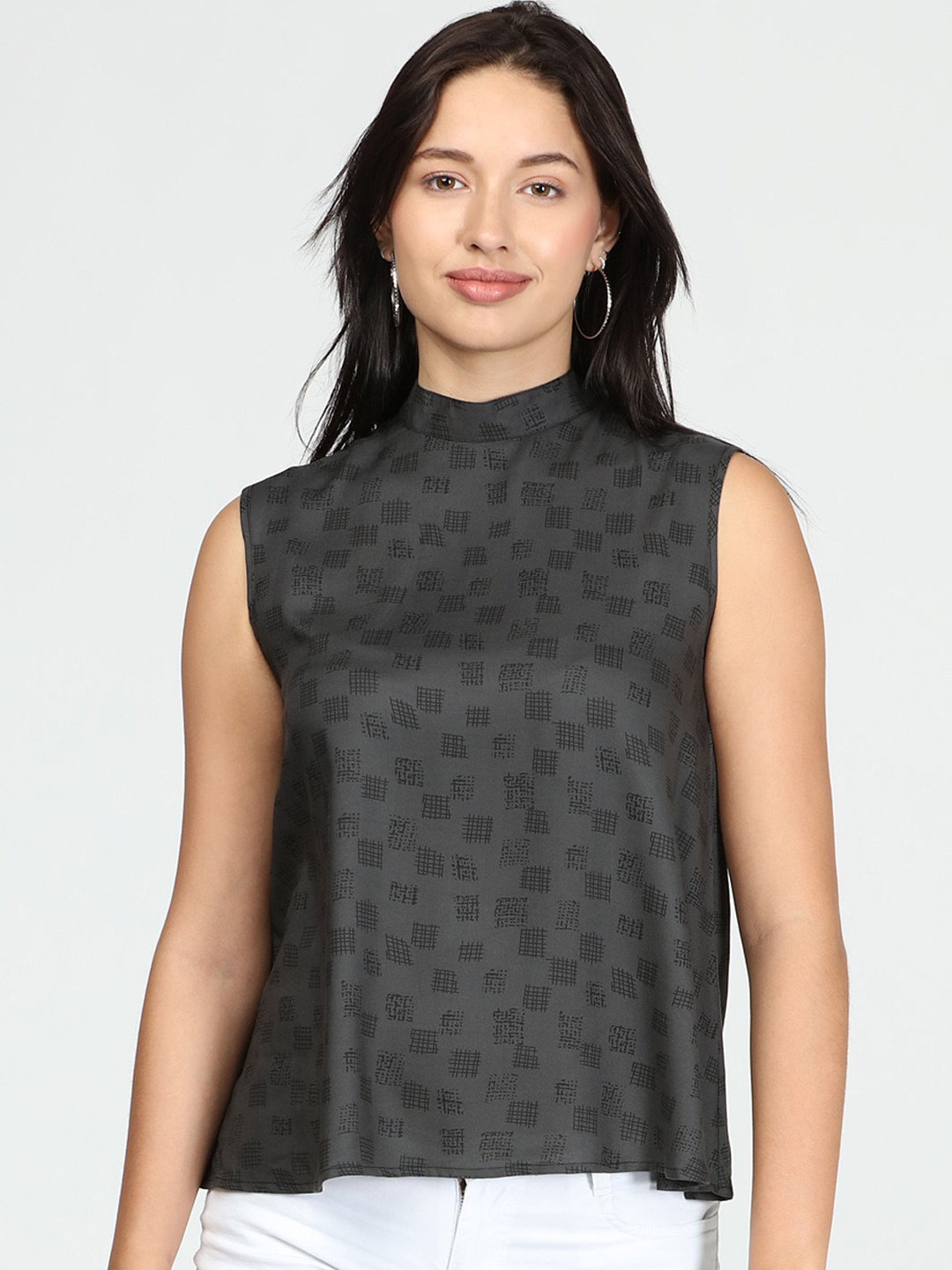 Buy IDK Charcoal Grey Geometric Print A Line Top Tops for Women