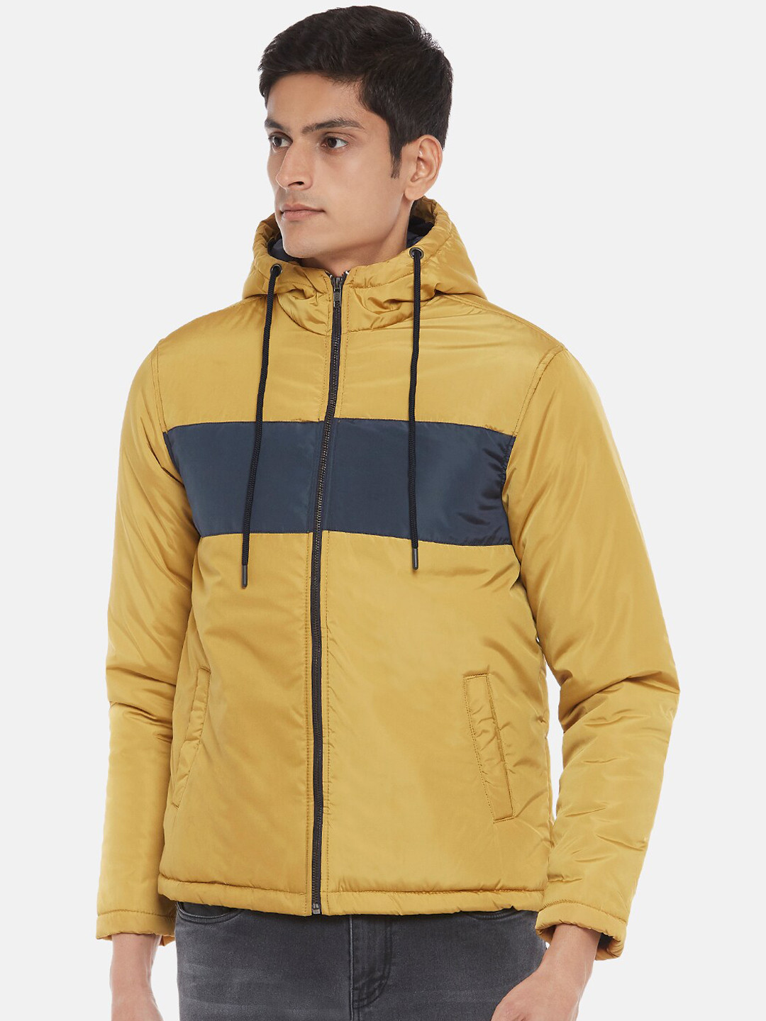 Buy People Men Mustard Yellow & Navy Blue Colourblocked Hooded Padded