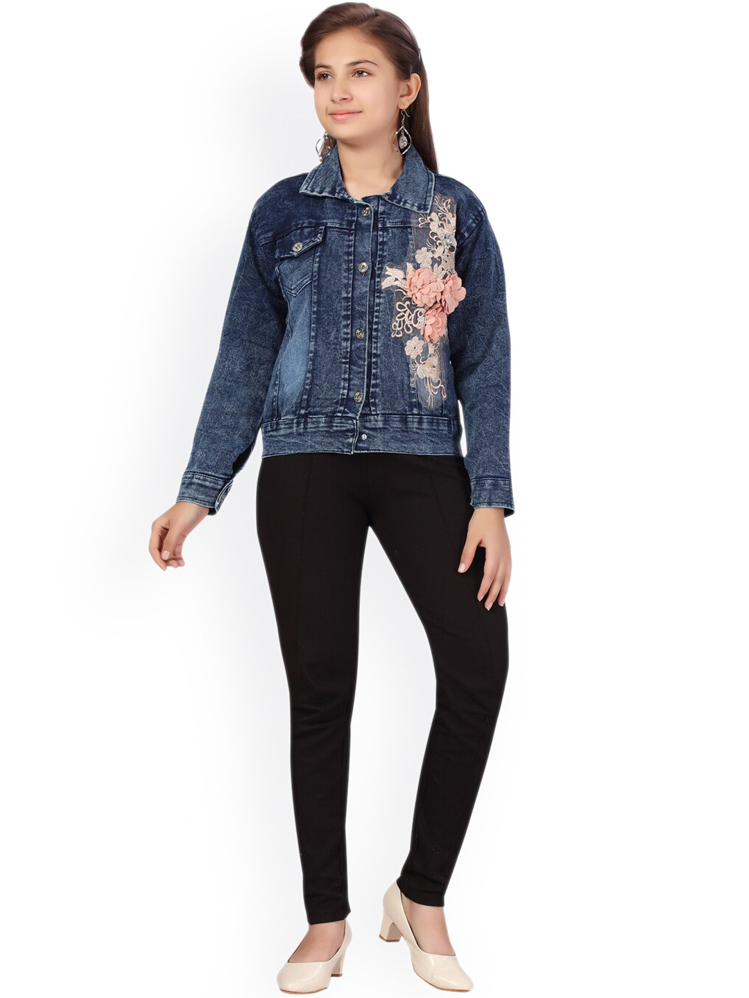 Buy Aarika Girls Blue Floral Lightweight Embroidered Denim Jacket