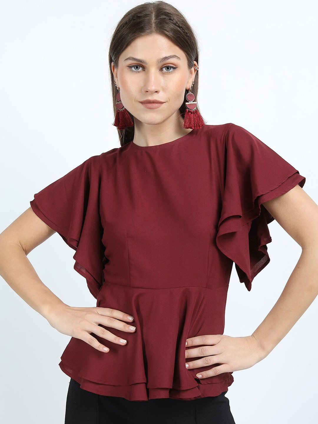 Women Maroon Embroidered Wrap Peplum Top With Pants