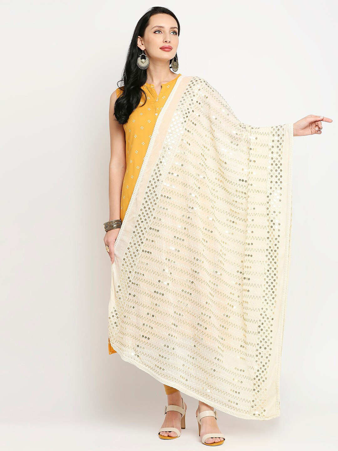 Cream Sequinned Chiffon Dupatta main image 1