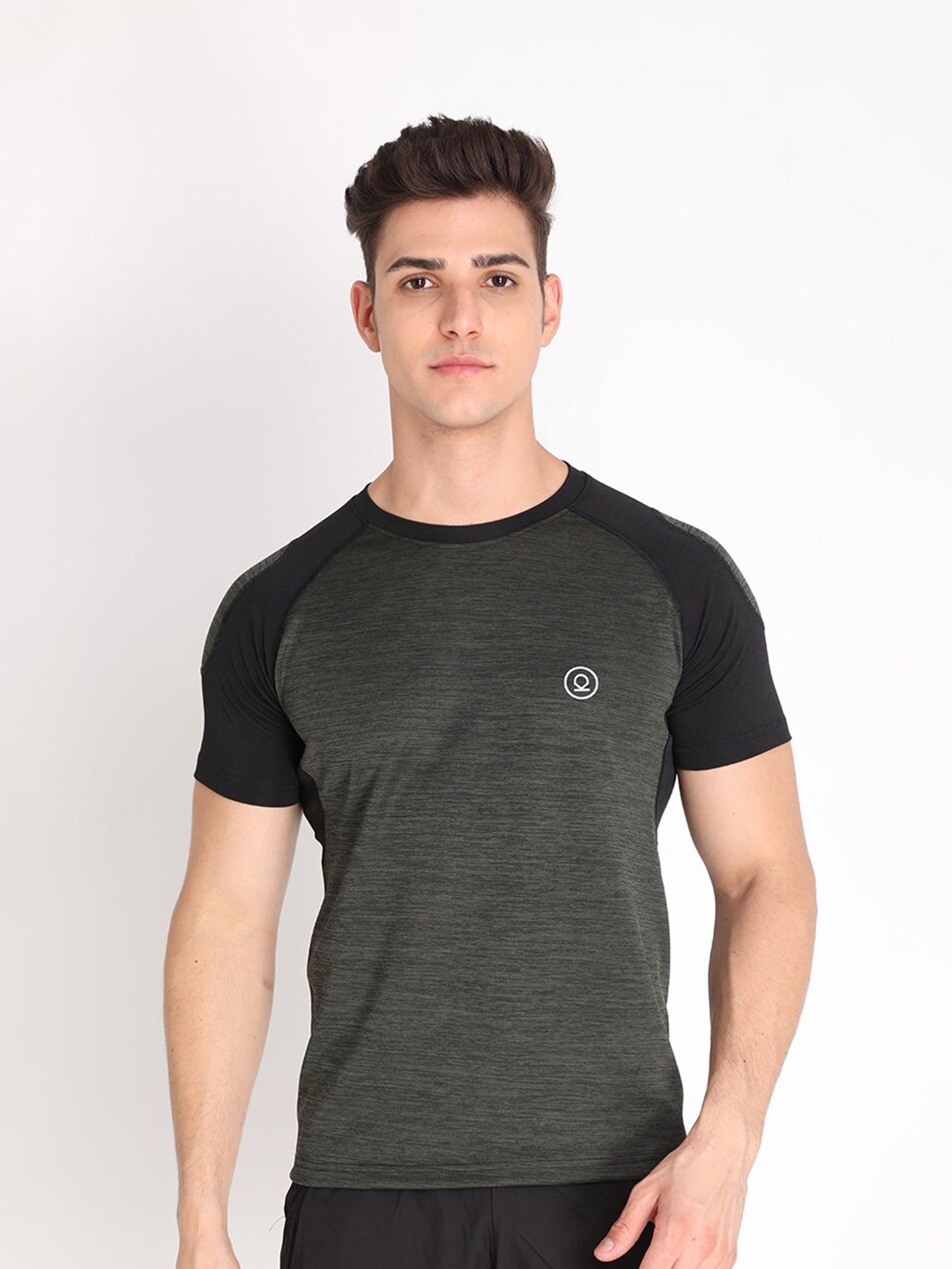 black t shirt green pants
