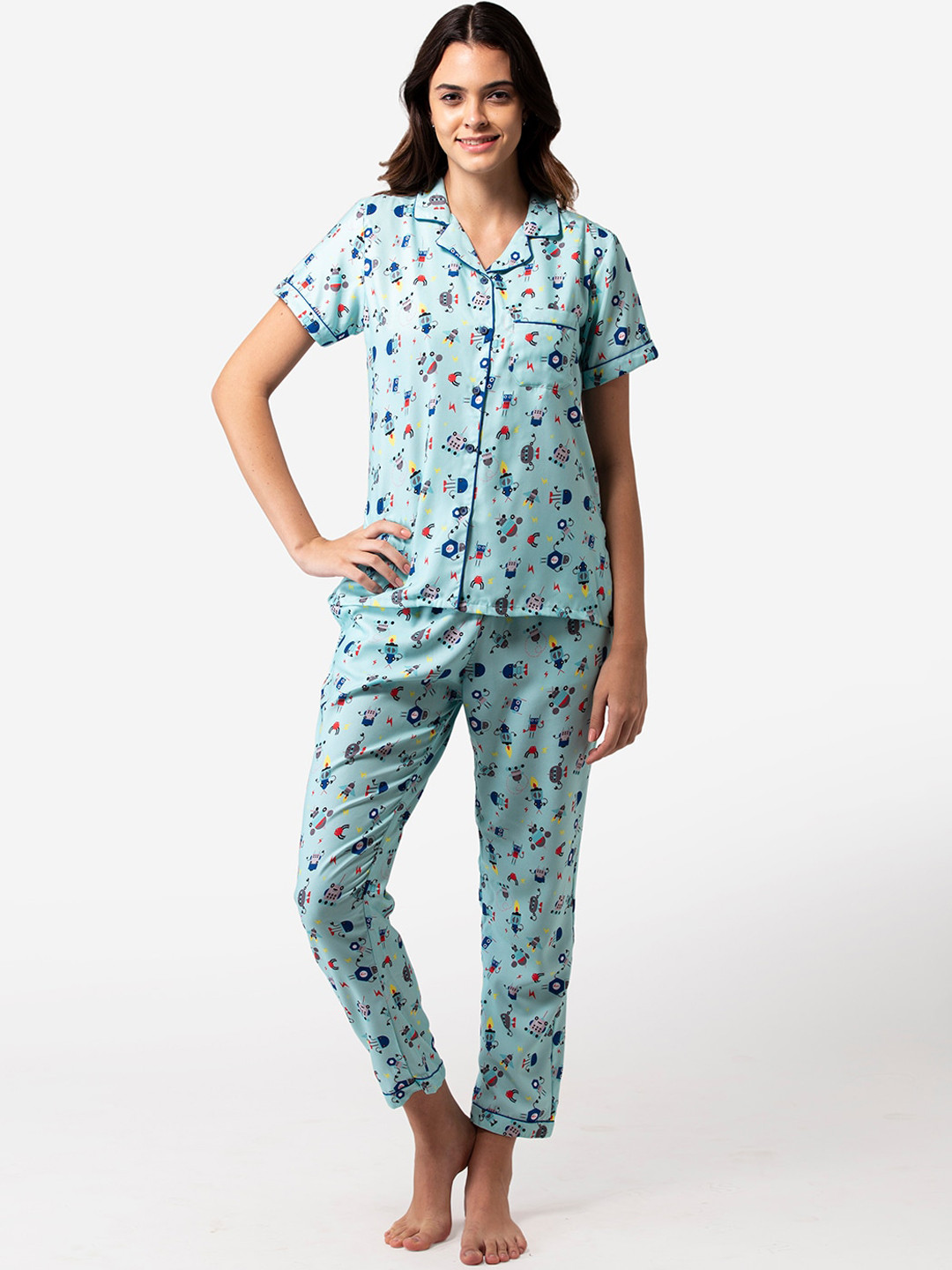 Women Blue Printed Night Suit