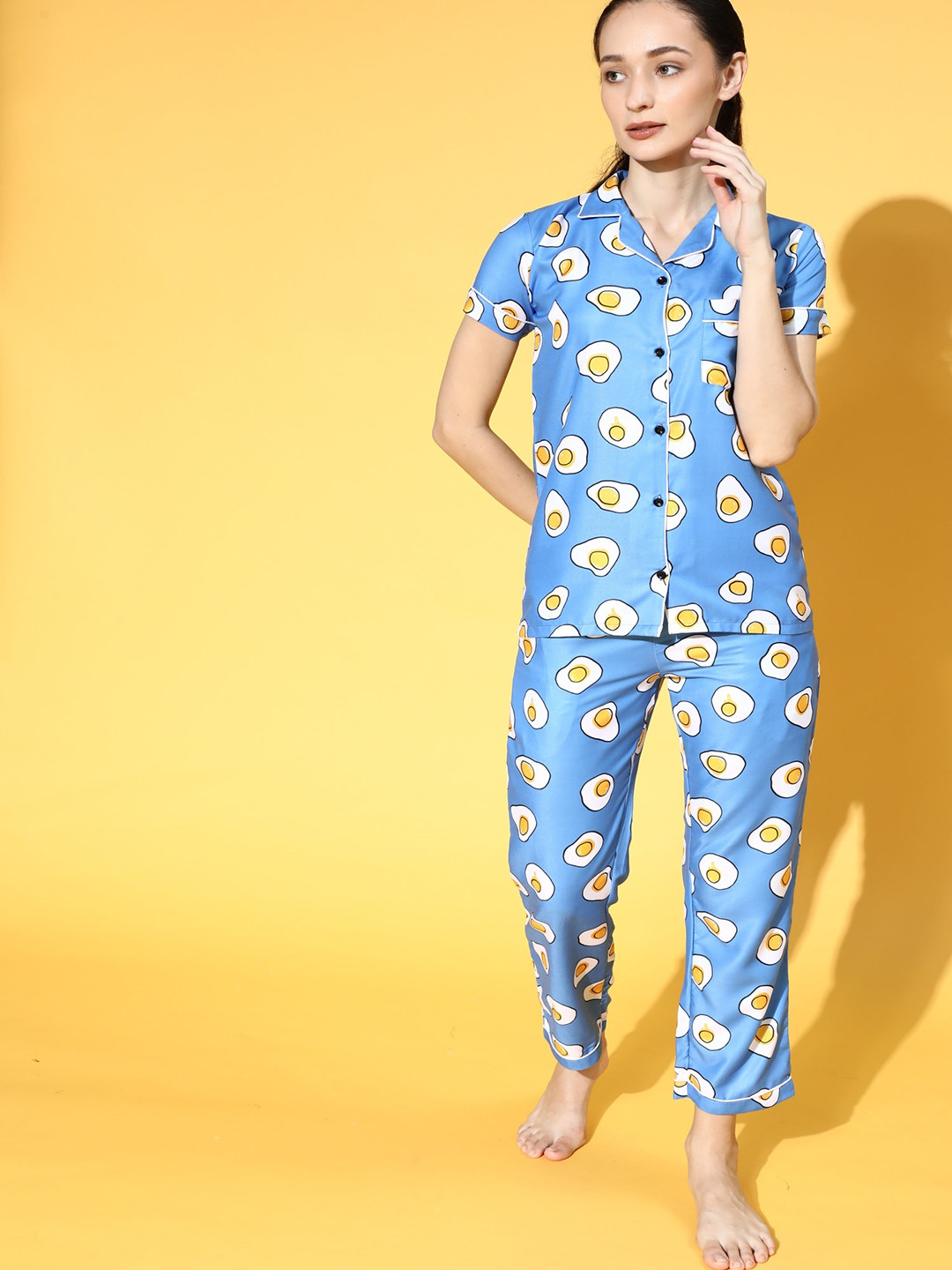 Blue Printed Silk Blend Night Suit