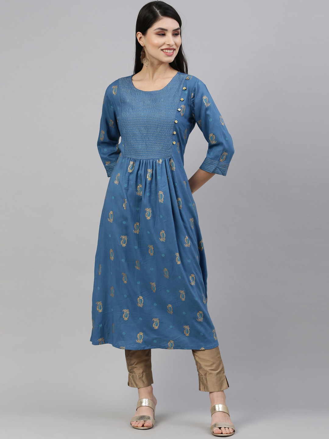 Buy Nahara Women Blue Ethnic Motifs Printed Flared Sleeves Mirror Work