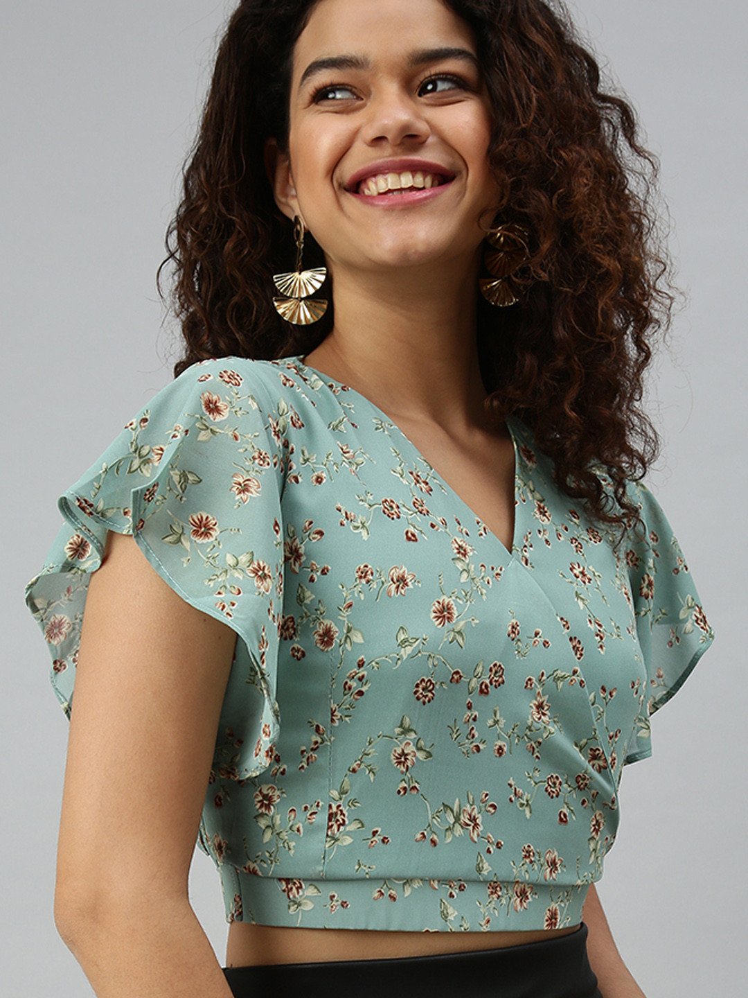 Women's Green Maroon Print Crepe Shirt Style Top