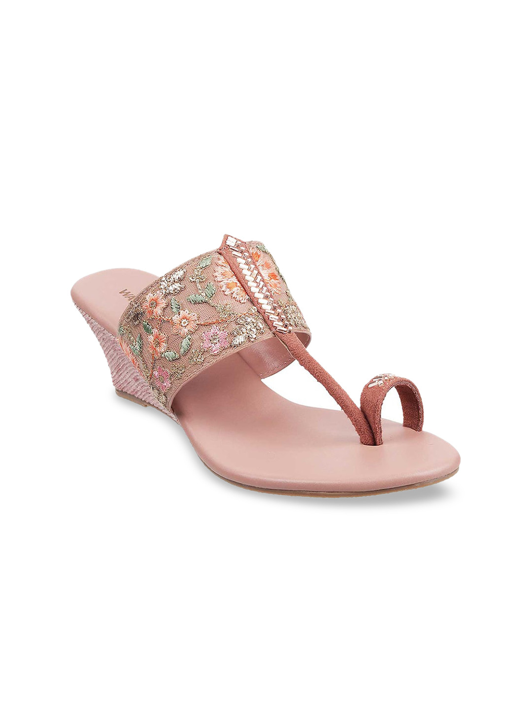 Buy WALKWAY By Metro Peach Coloured Embellished Ethnic Wedge Heels