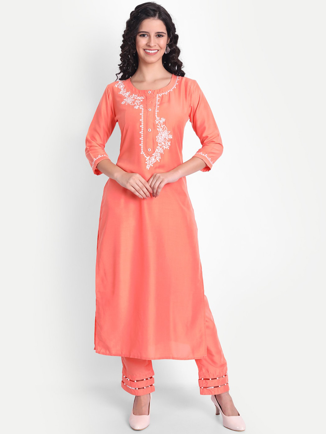 Women Floral embroidered orange round_neck cotton  Kurta Trouser And Dupatta Set