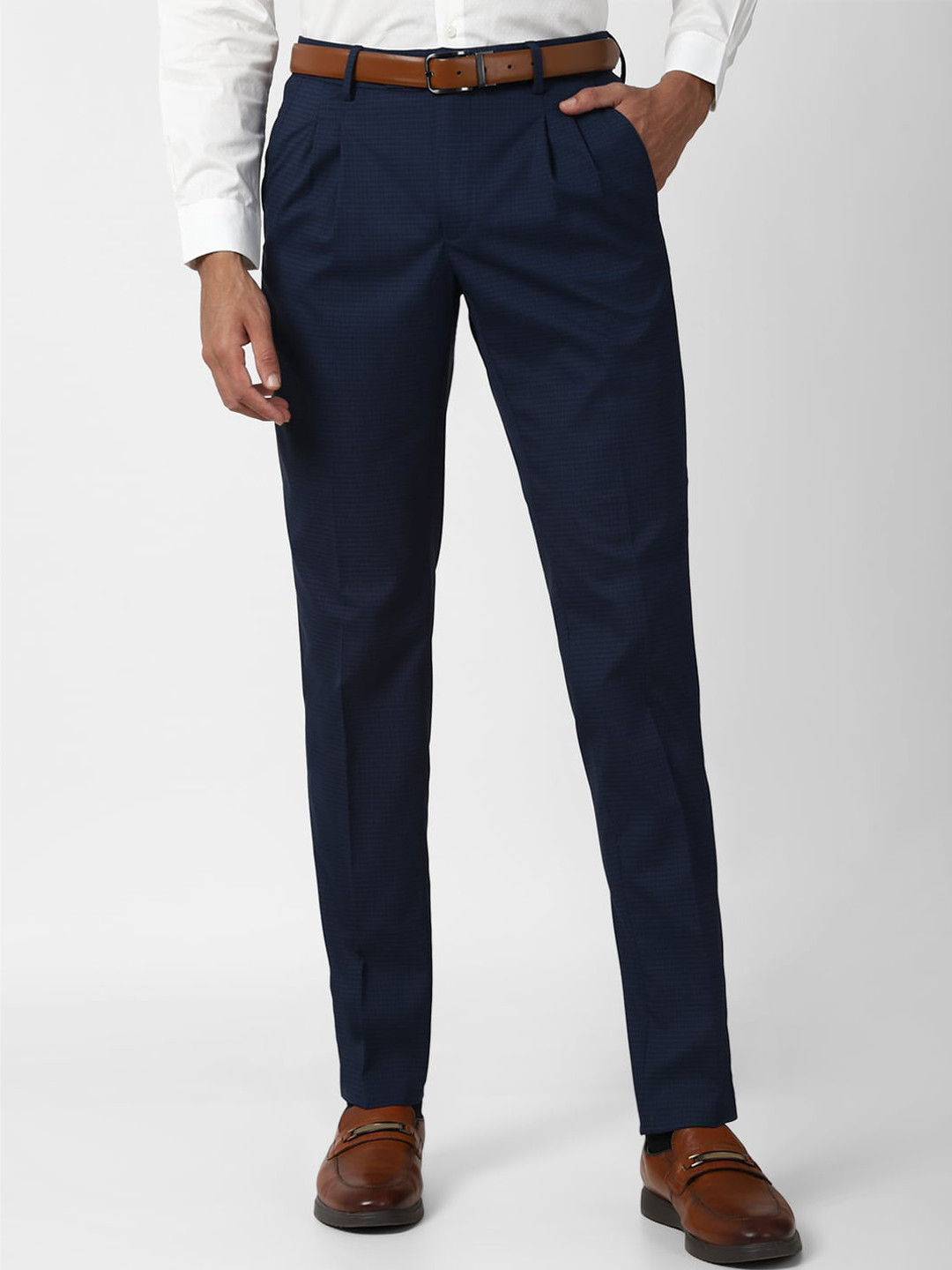 Buy Peter England Men Navy Blue Slim Fit Pleated Trousers Trousers