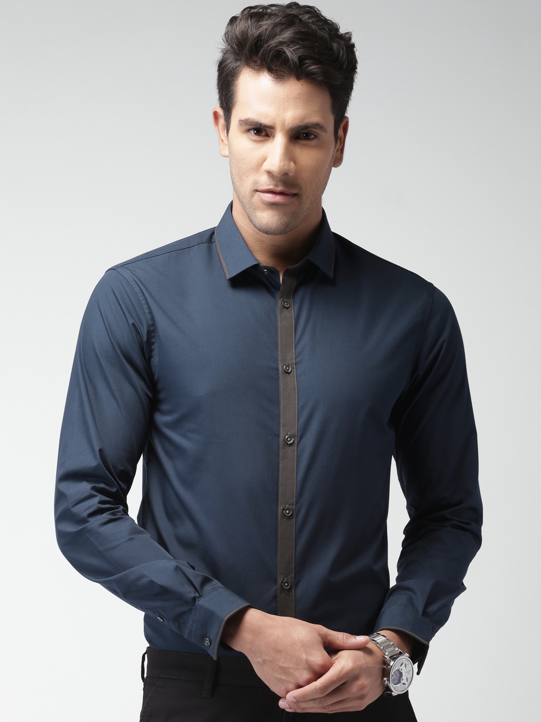 Buy Celio Men Navy Blue Solid Slim Fit Semi Formal Shirt - Shirts for ...