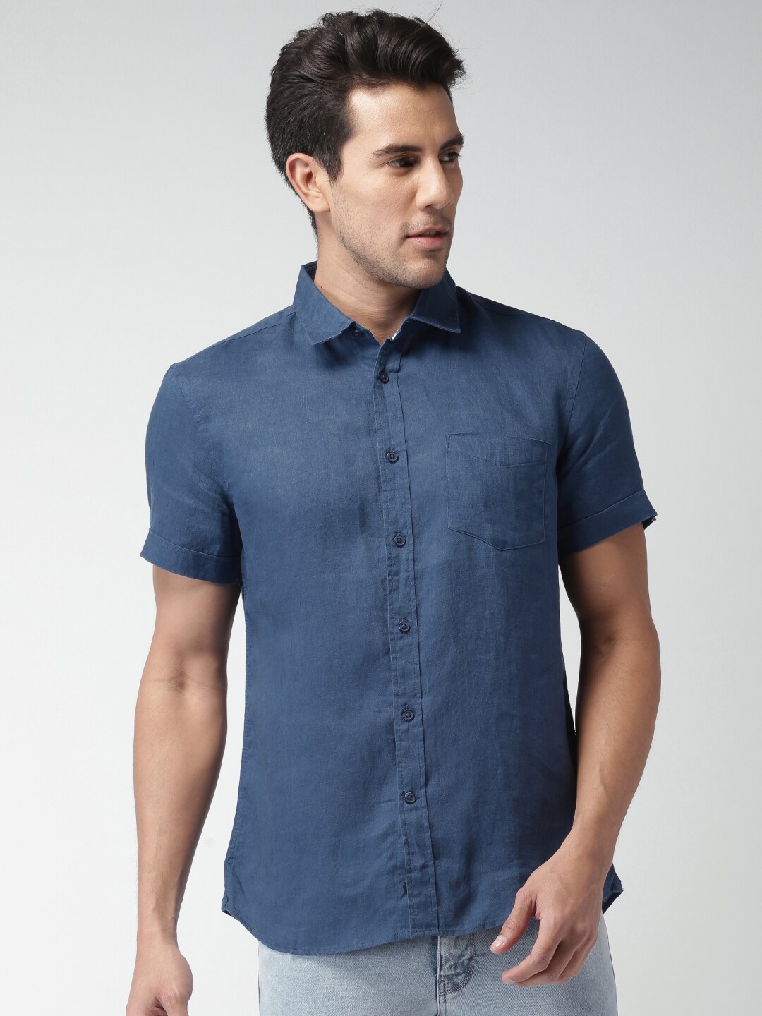 Buy Celio Men Navy Blue Solid Pure Linen Casual Sustainable Shirt ...