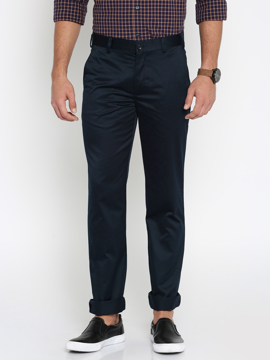 Buy Park Avenue Men Navy Solid Super Slim Fit Casual Trousers ...