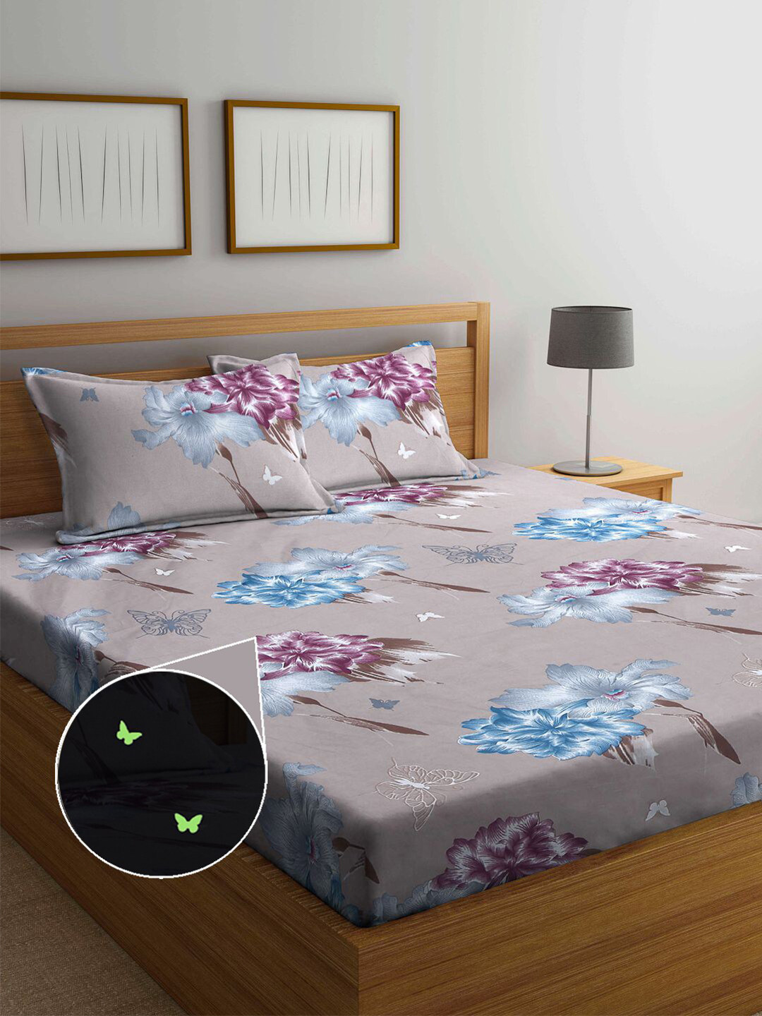 Buy Arrabi Grey & Purple Floral Radium 300 TC King Bedsheet With 2