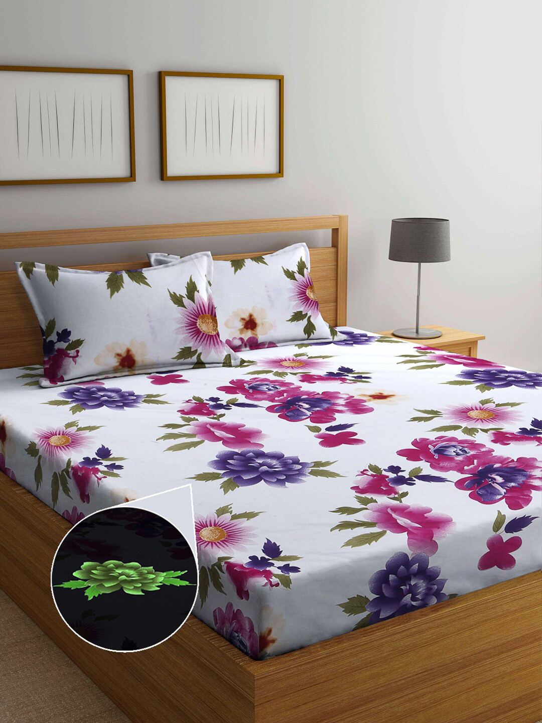 Buy Arrabi White & Purple Floral Radium 300 TC King Bedsheet With 2