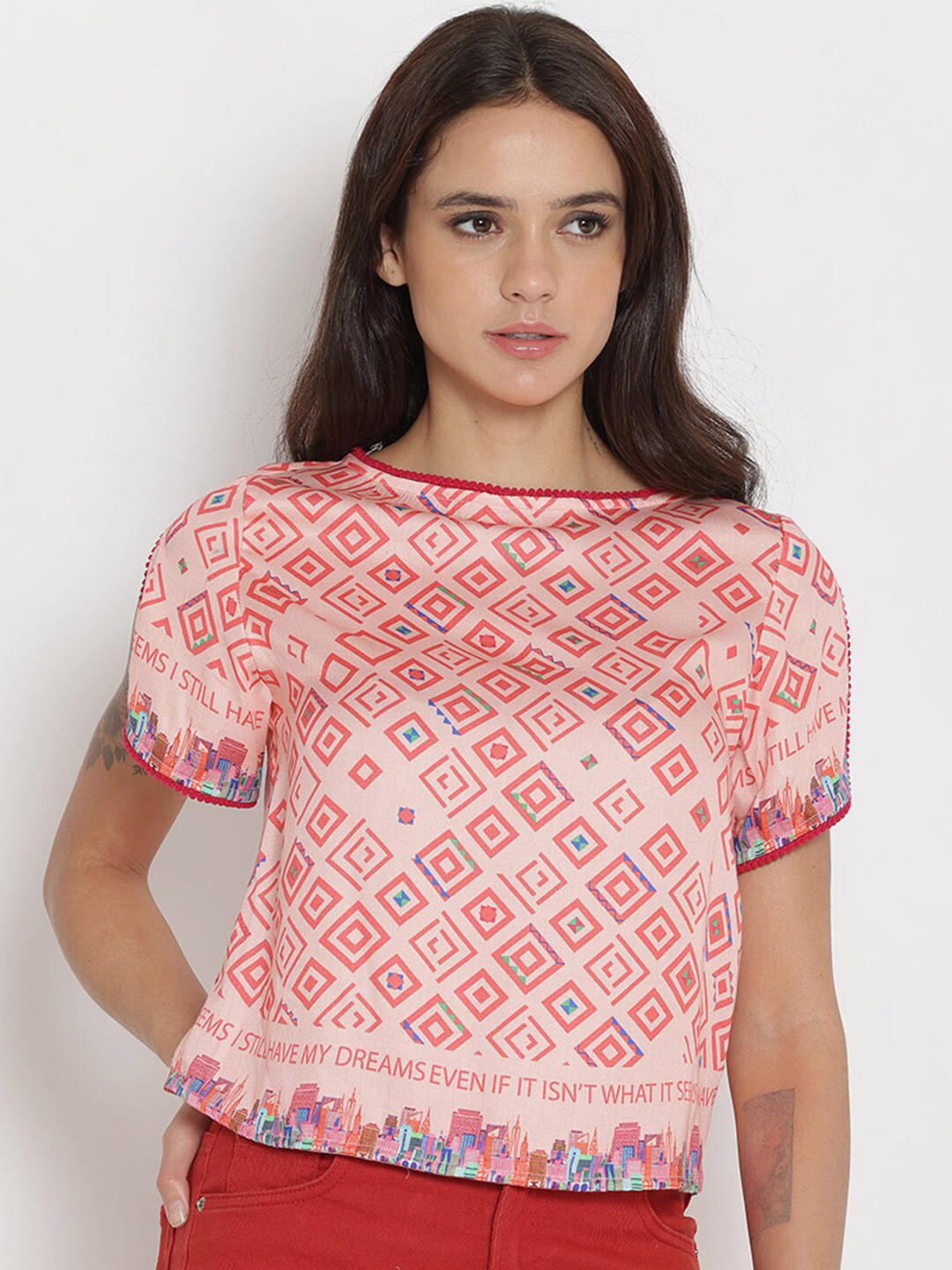 Buy SHAYE Peach Coloured Geometric Print Top Tops for Women 17689880