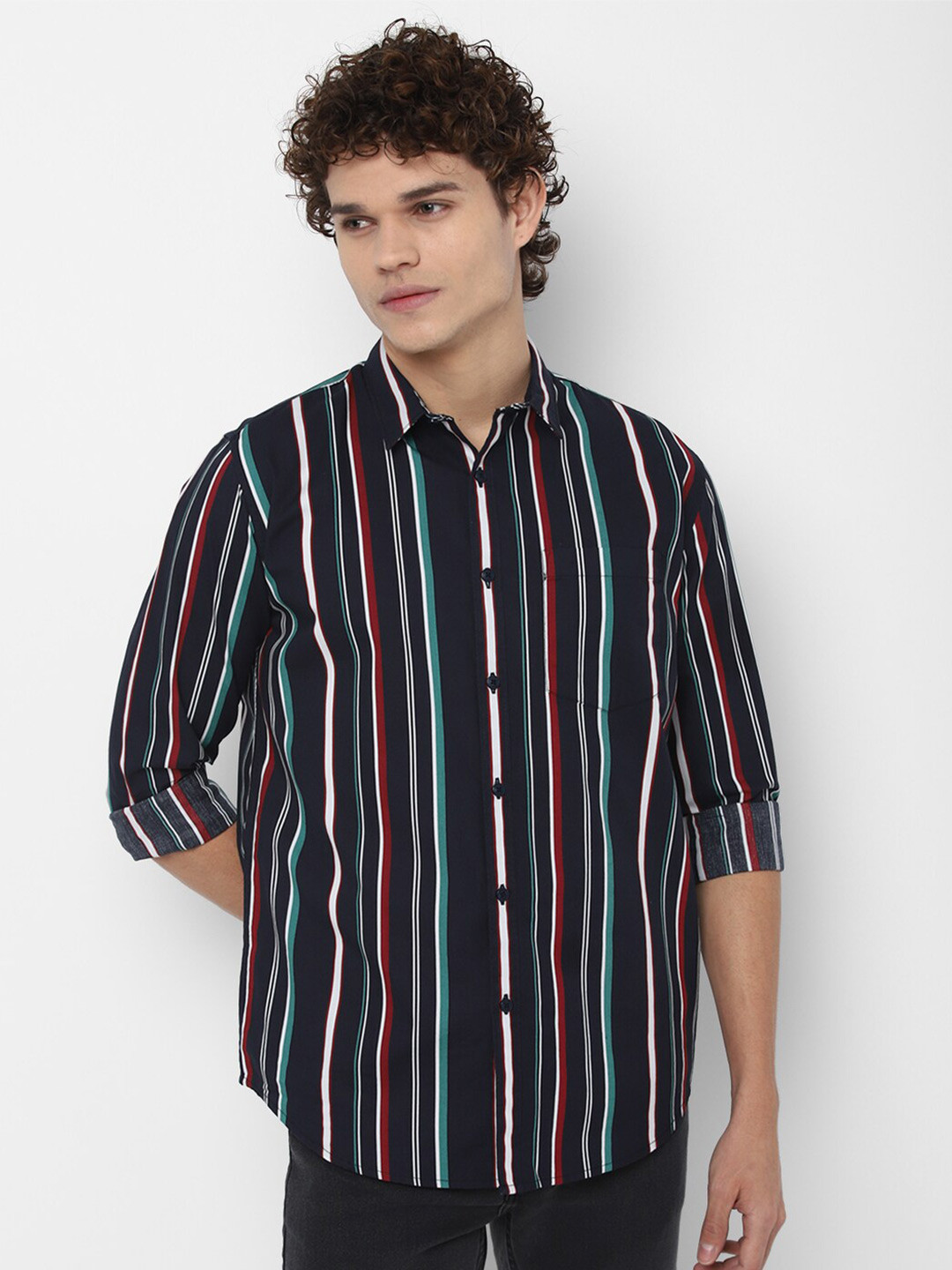 Buy FOREVER 21 Men Navy Blue Striped Cotton Casual Shirt - Shirts for