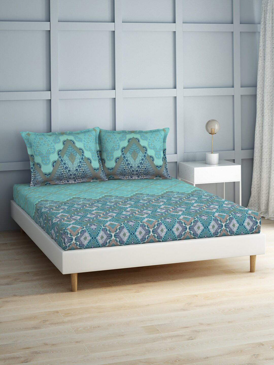 Buy SPACES Teal Ethnic Motifs 210 TC Cotton King Bedsheet With 2 Pillow Covers Bedsheets for