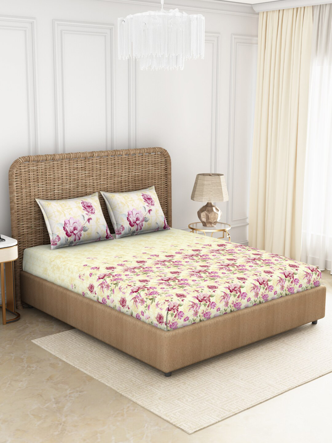 Buy SPACES Beige & Pink Floral 144 TC Pure Cotton Queen Bedsheet With 2
