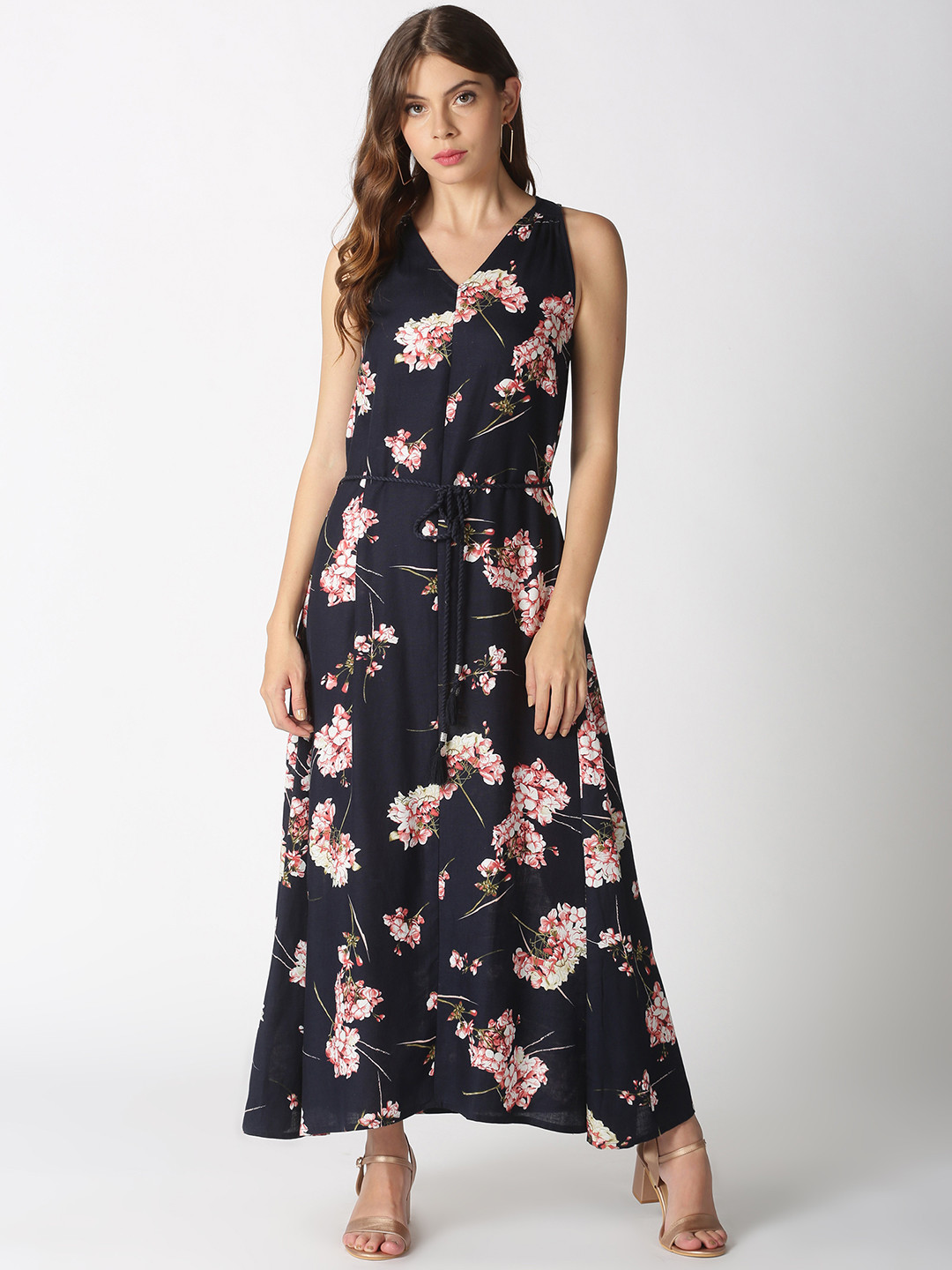 Buy Saffron Threads Women Navy Blue Floral Maxi Dress Ethnic Dresses