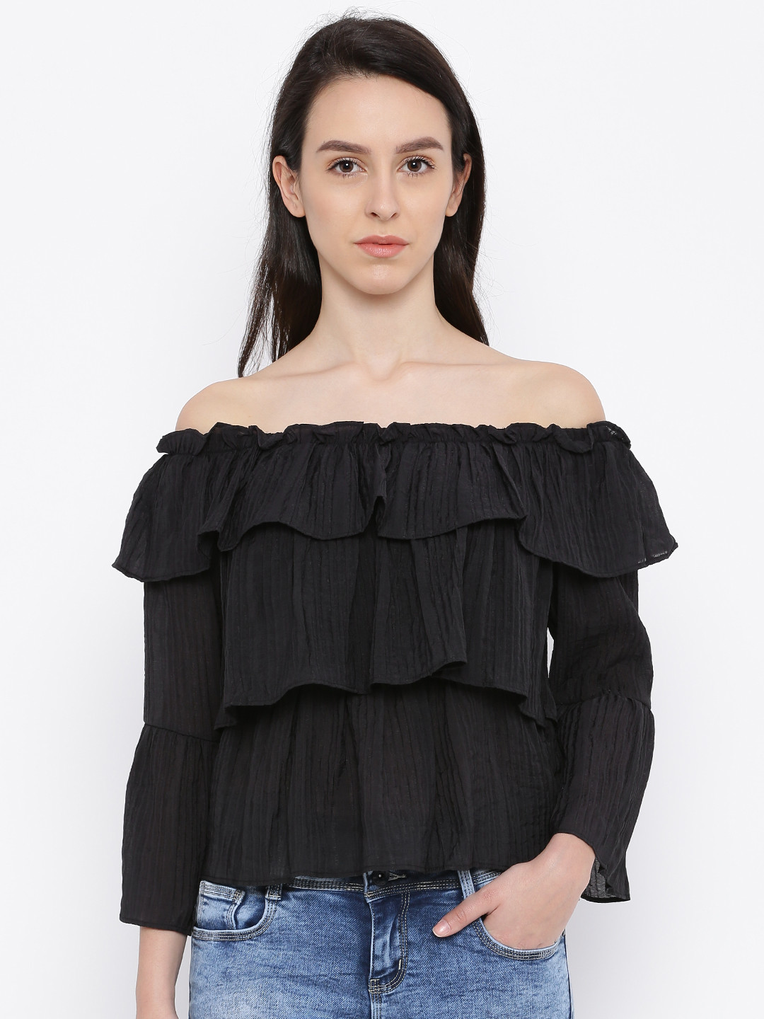 Buy Deal Jeans Women Black Bardot Tiered Top Tops for Women 1769709