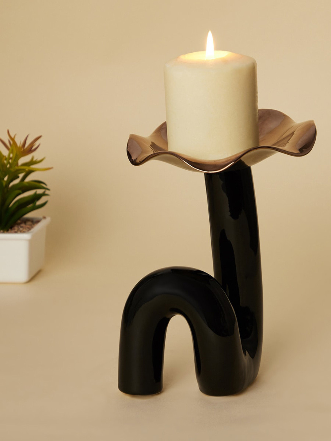 Buy Home Centre Black Solid Ceramic Pillar Candle Holder Candle