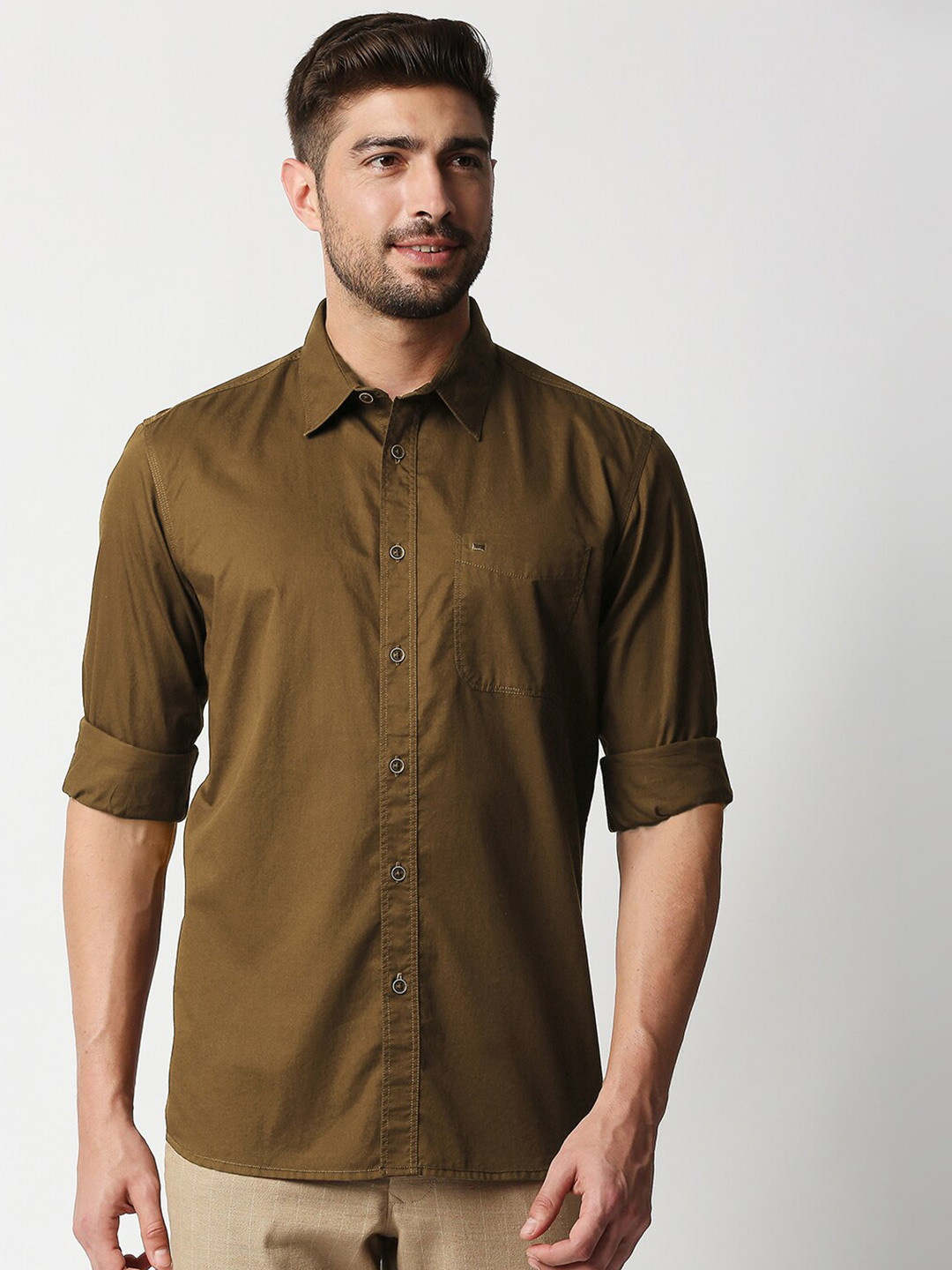 Buy Basics Men Khaki Slim Fit Casual Shirt Shirts for Men 17705046