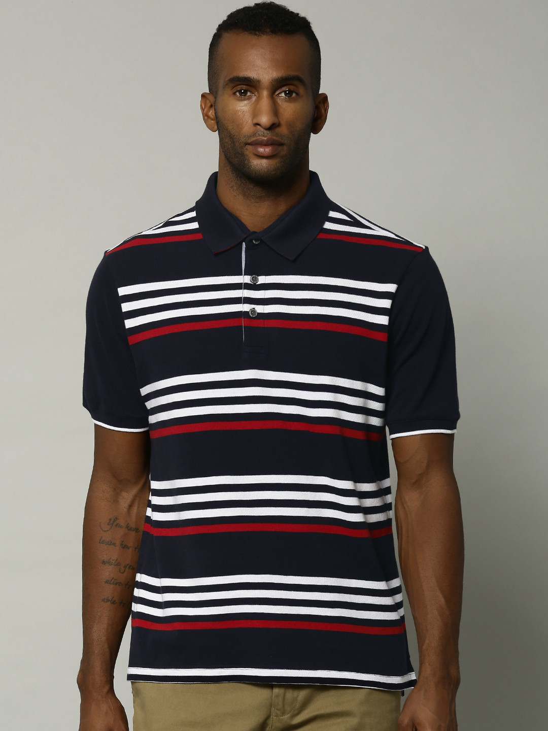 Buy Marks Spencer Men Navy Blue Striped Polo Collar Pure Cotton T Shirt
