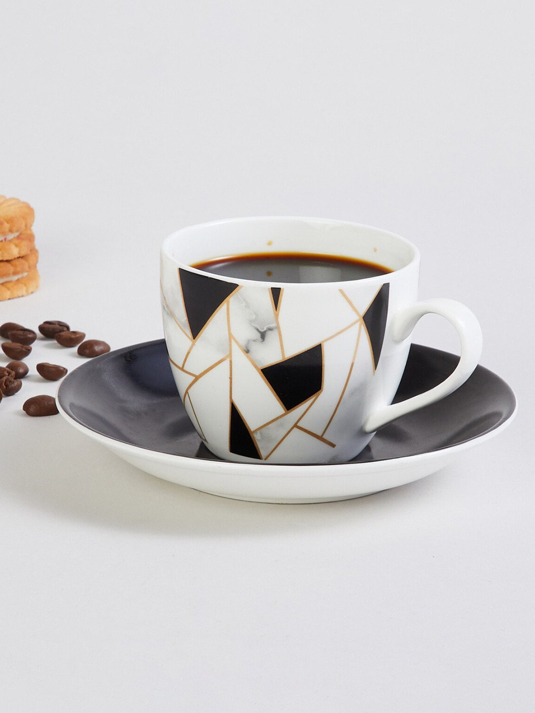 Buy Home Centre Black & White Printed Bone China Matte Cups And Saucers