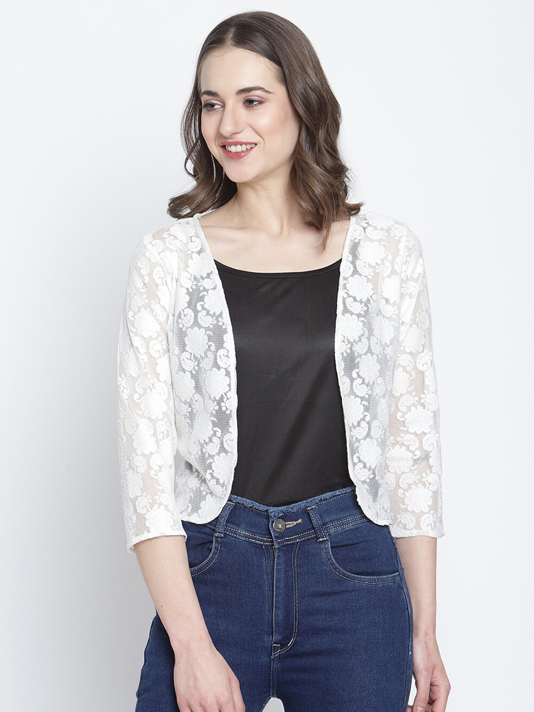 Buy Rute Women White Self Design Open Front Cotton Shrug Shrug for