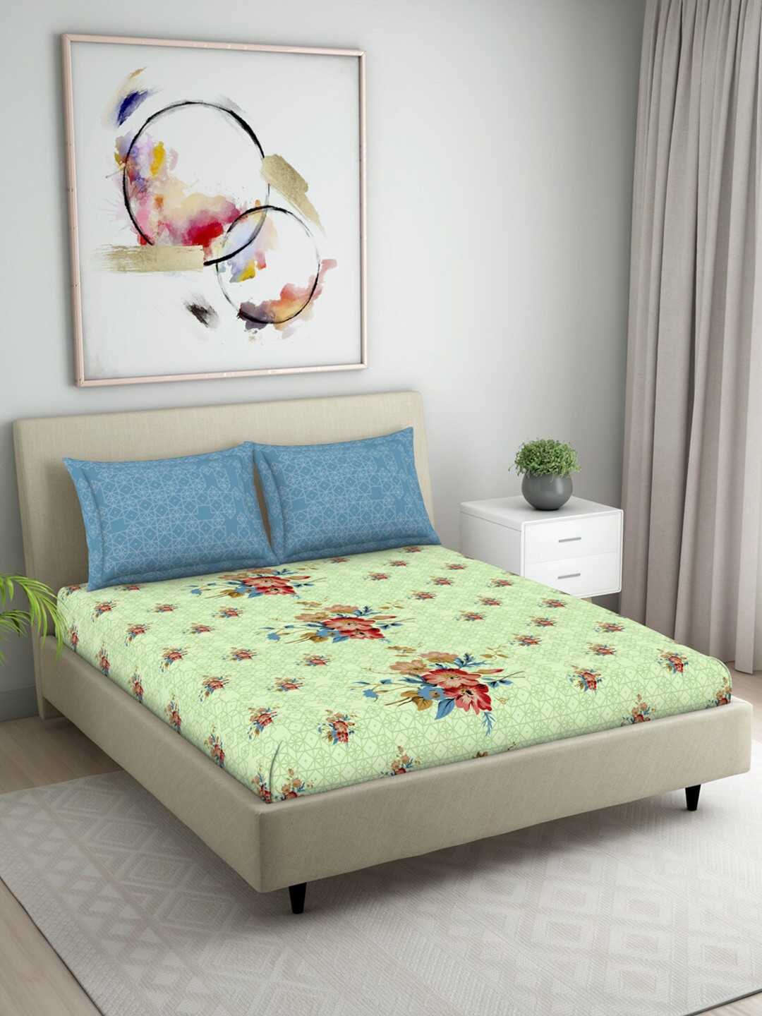 Buy Welspun Green & Blue Floral 104 TC Skin Safe Cotton Queen Bedsheet