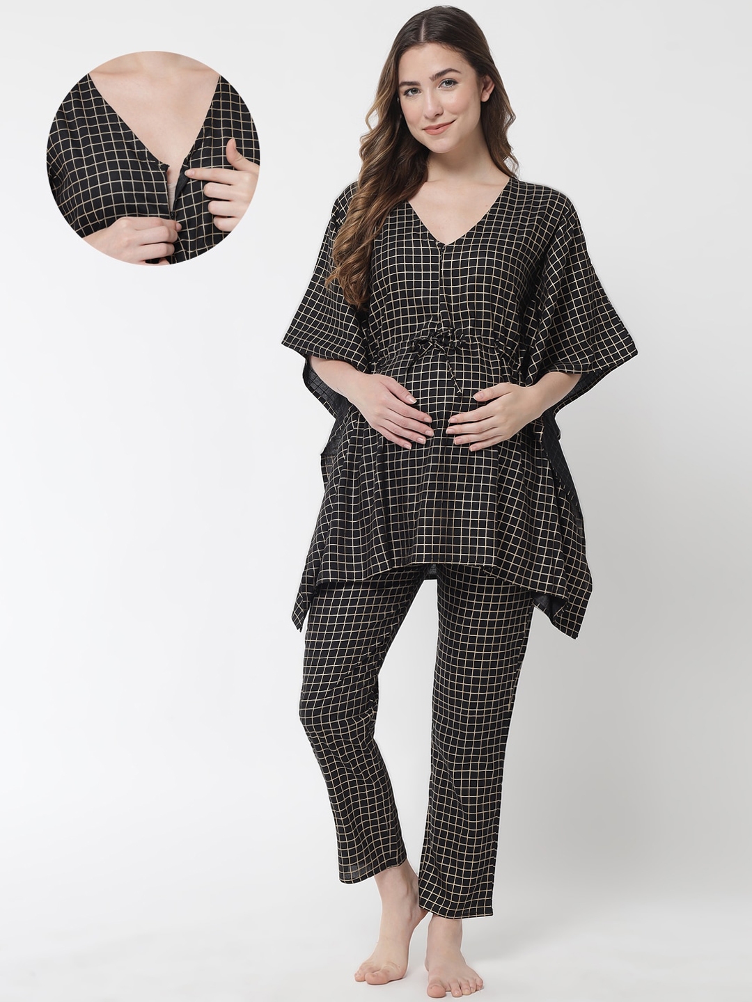 Buy Aujjessa Women Black & Beige Checked Maternity Night Suit Night Suits for Women 17715002