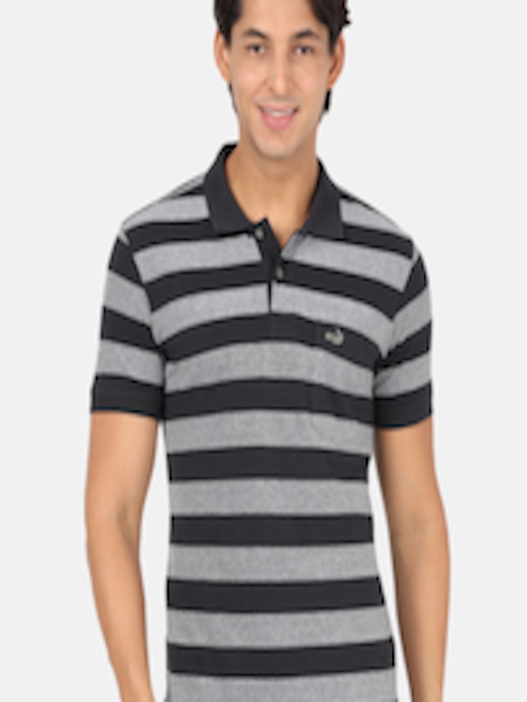 Buy Crocodile Men Navy Blue & Grey Striped Polo Collar Slim Fit T Shirt ...