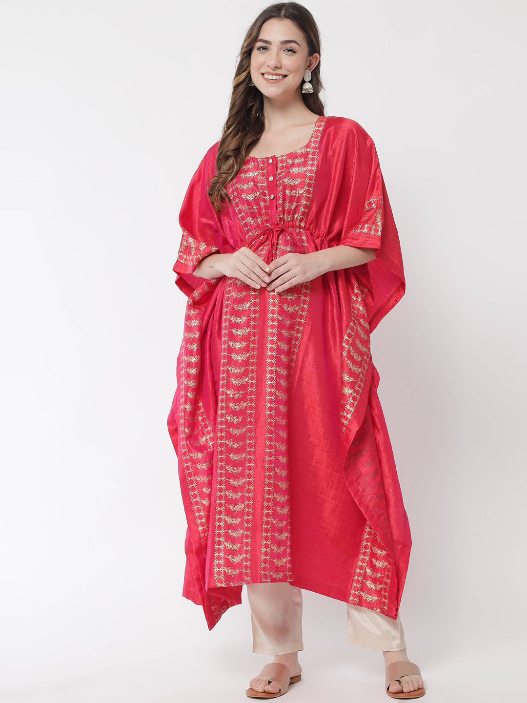 Buy Aujjessa Women Fuchsia & Gold Toned Printed Flared Sleeves