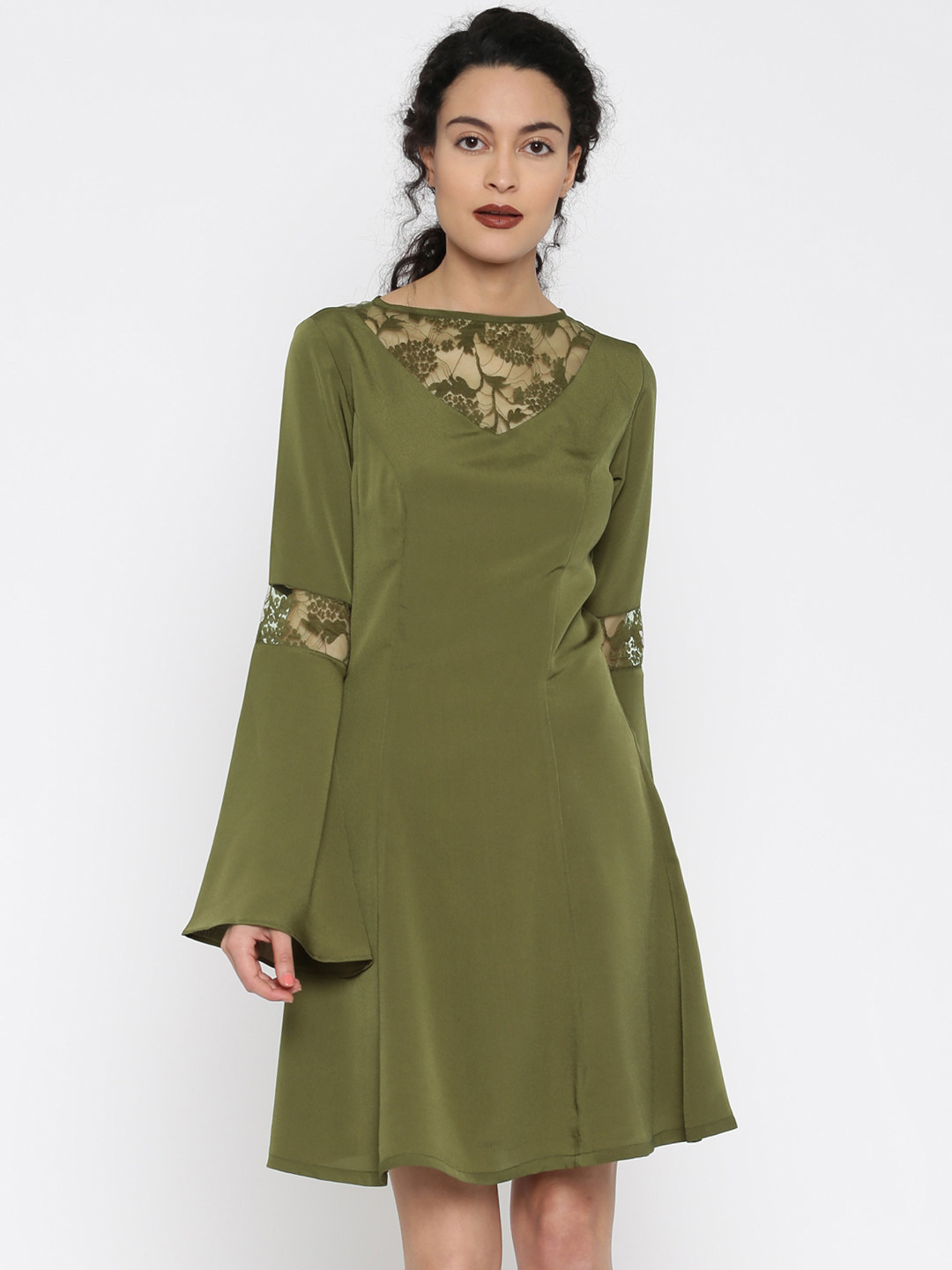 Buy Miss Chase Women Olive Green Lace A Line Dress Dresses for Women