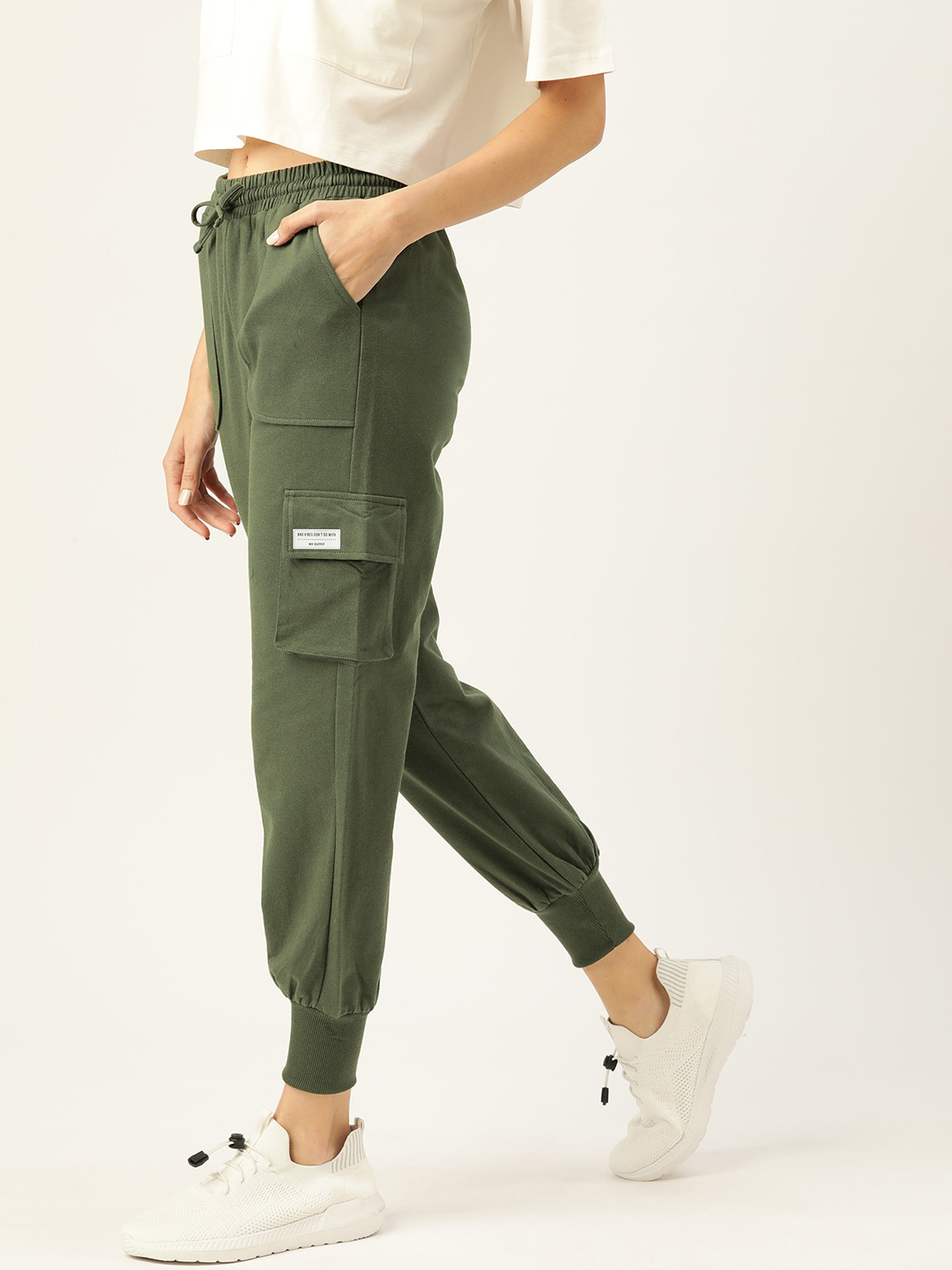 Buy FEMEA Women Olive Green Mid Rise Cargo Joggers Track Pants for