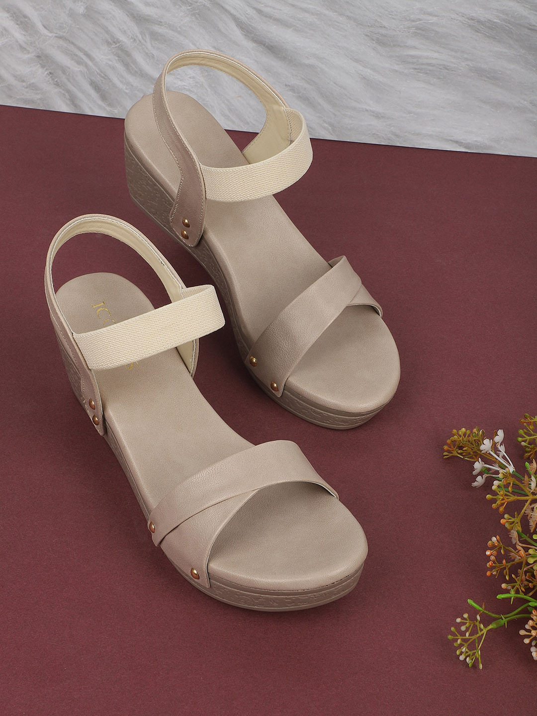 beige leather wedge sandals