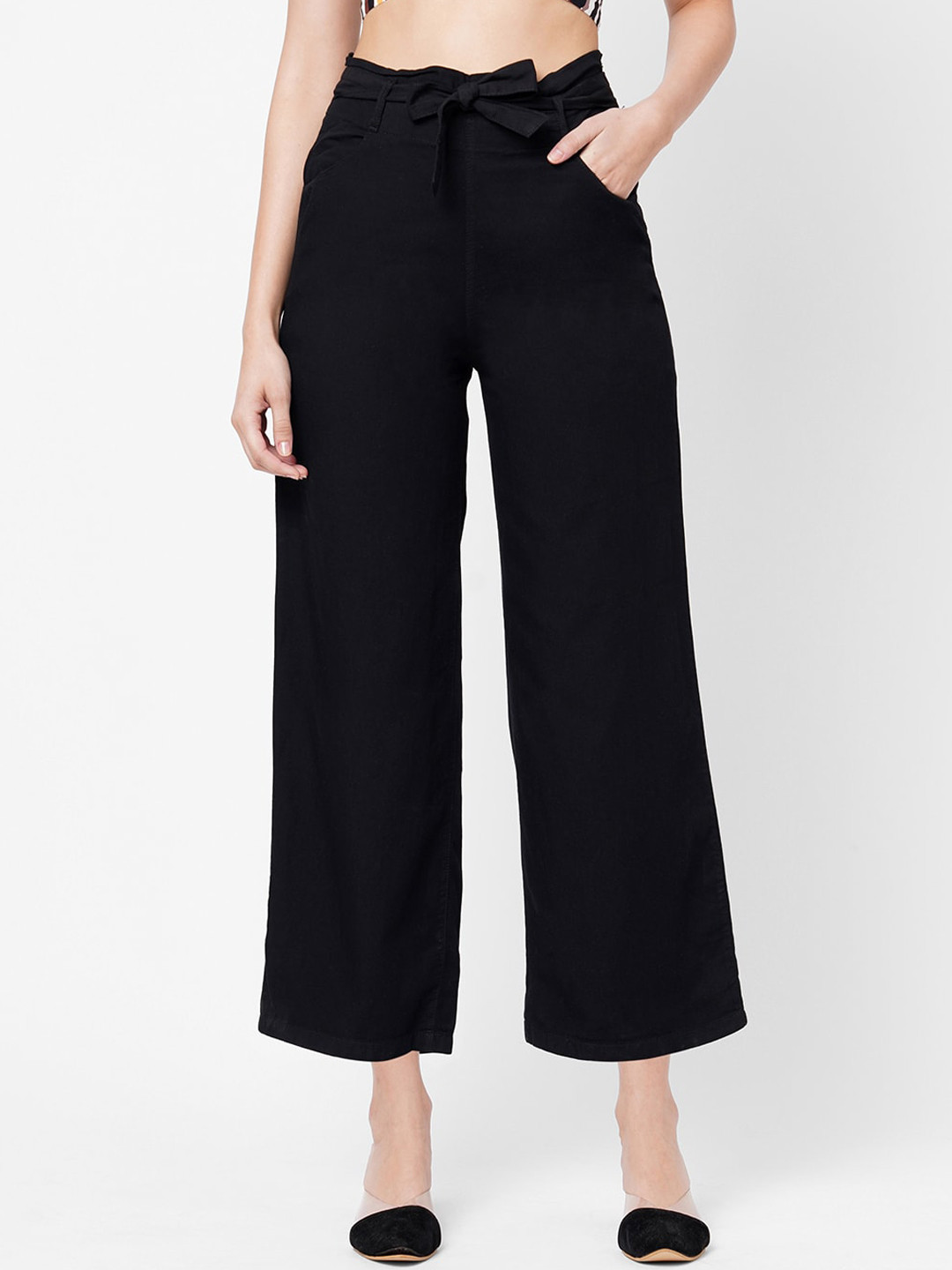 Buy Kraus Jeans Women Black Loose Fit High Rise Pure Cotton Trousers