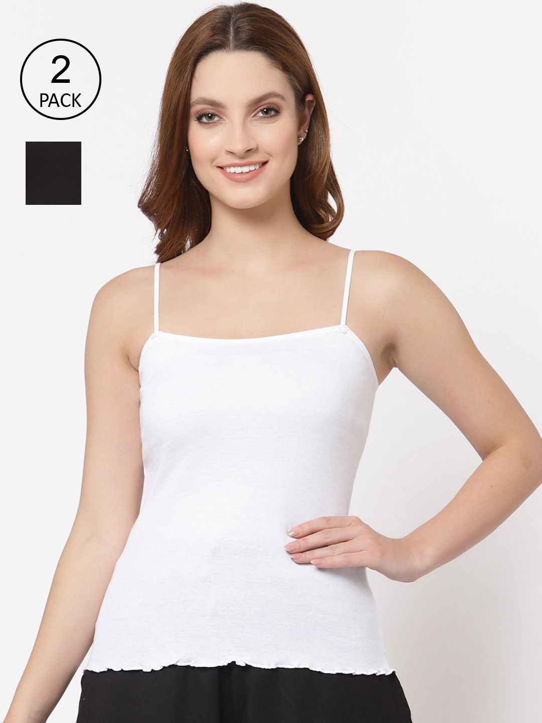 Buy Floret Women Pack Of 2 White & Black Solid Cotton Camisoles