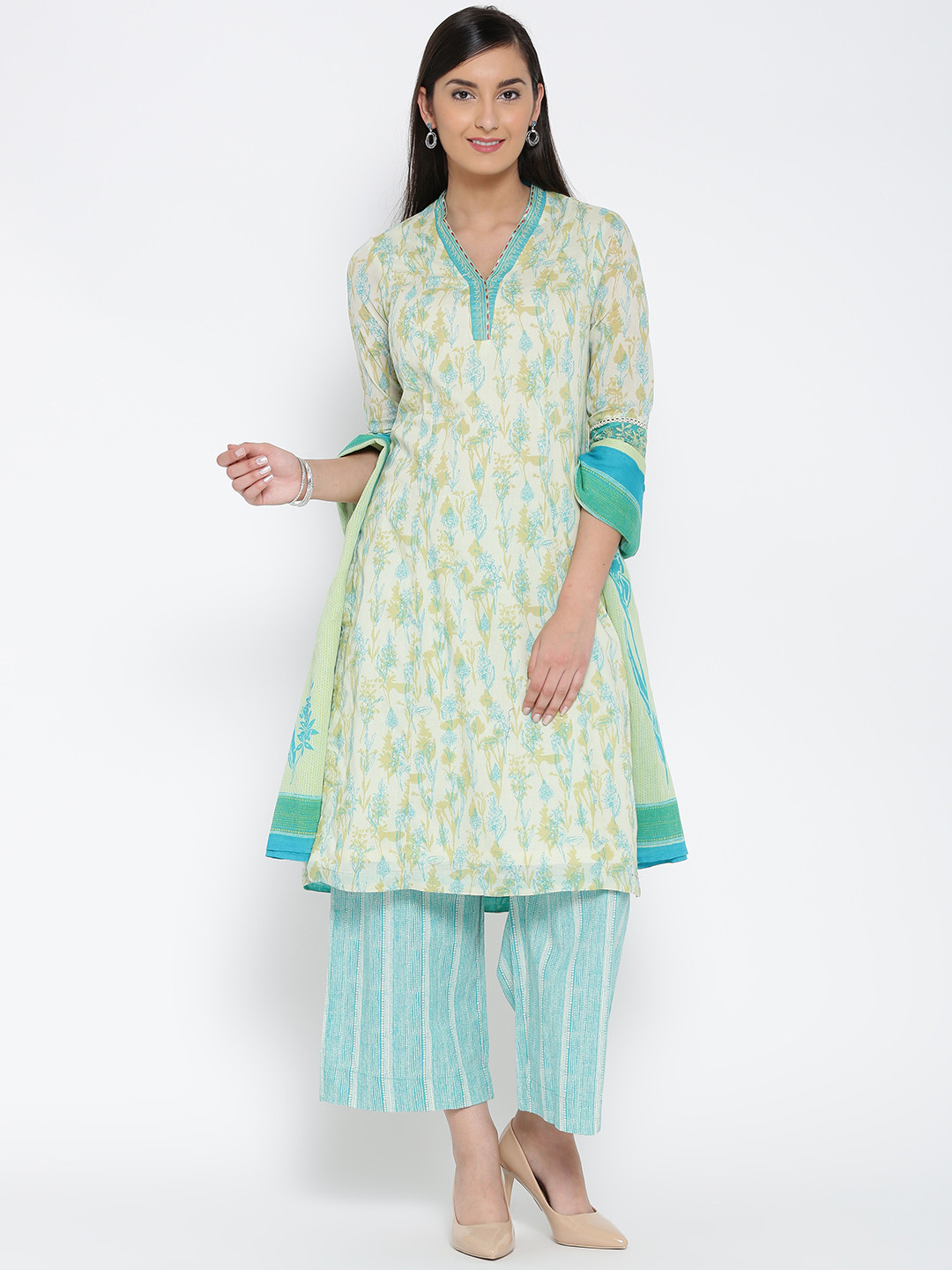 Buy Biba Cream Coloured & Green Printed Kurta With Palazzo Trousers