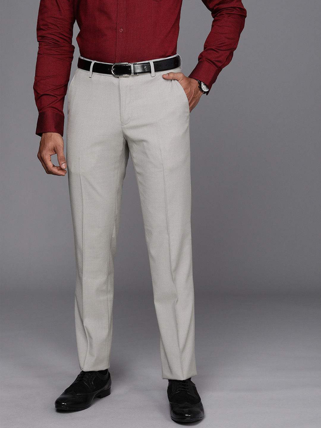 Buy Peter England Elite Men Grey Textured Slim Fit Formal Trousers ...