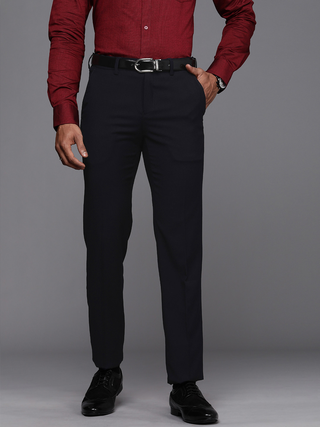 Buy Peter England Elite Men Navy Blue Solid Slim Fit Formal Trousers