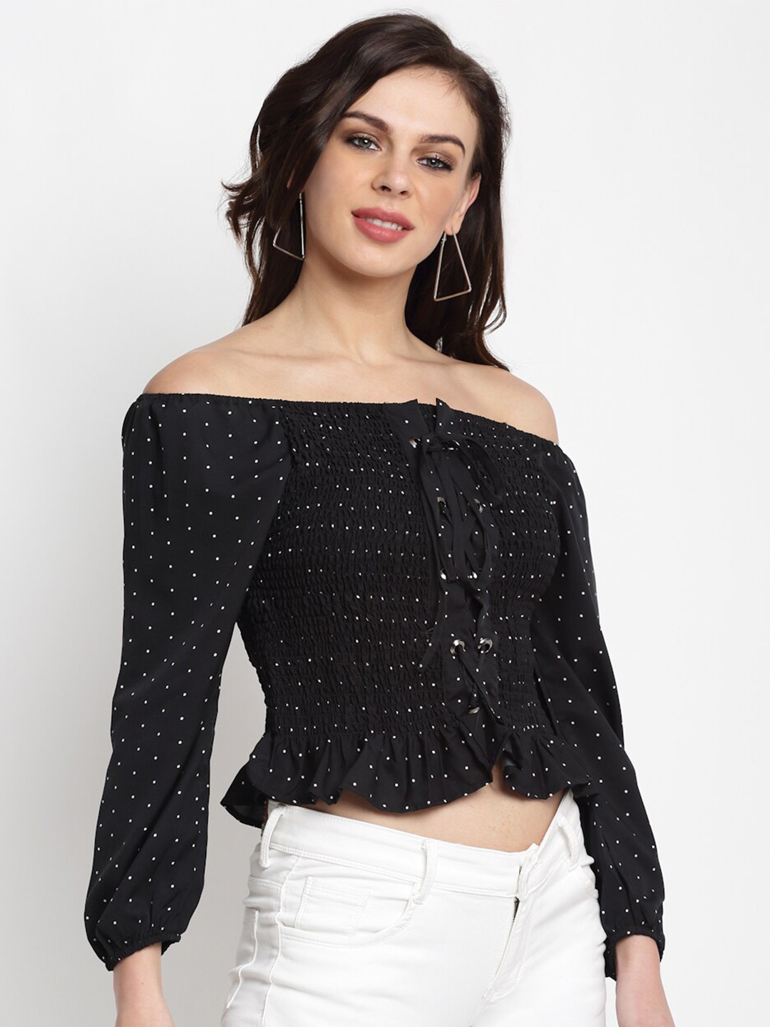 Buy Miaz Lifestyle Black Print Off Shoulder Smocked Bardot Crop Top ...