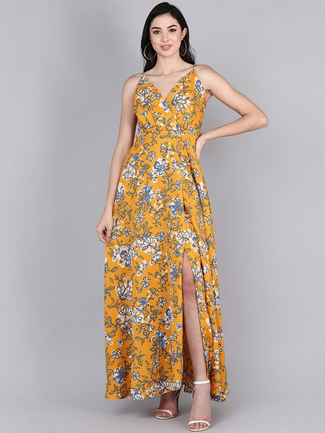 Buy AHIKA Mustard Yellow & Blue Floral Maxi Dress Ethnic Dresses for