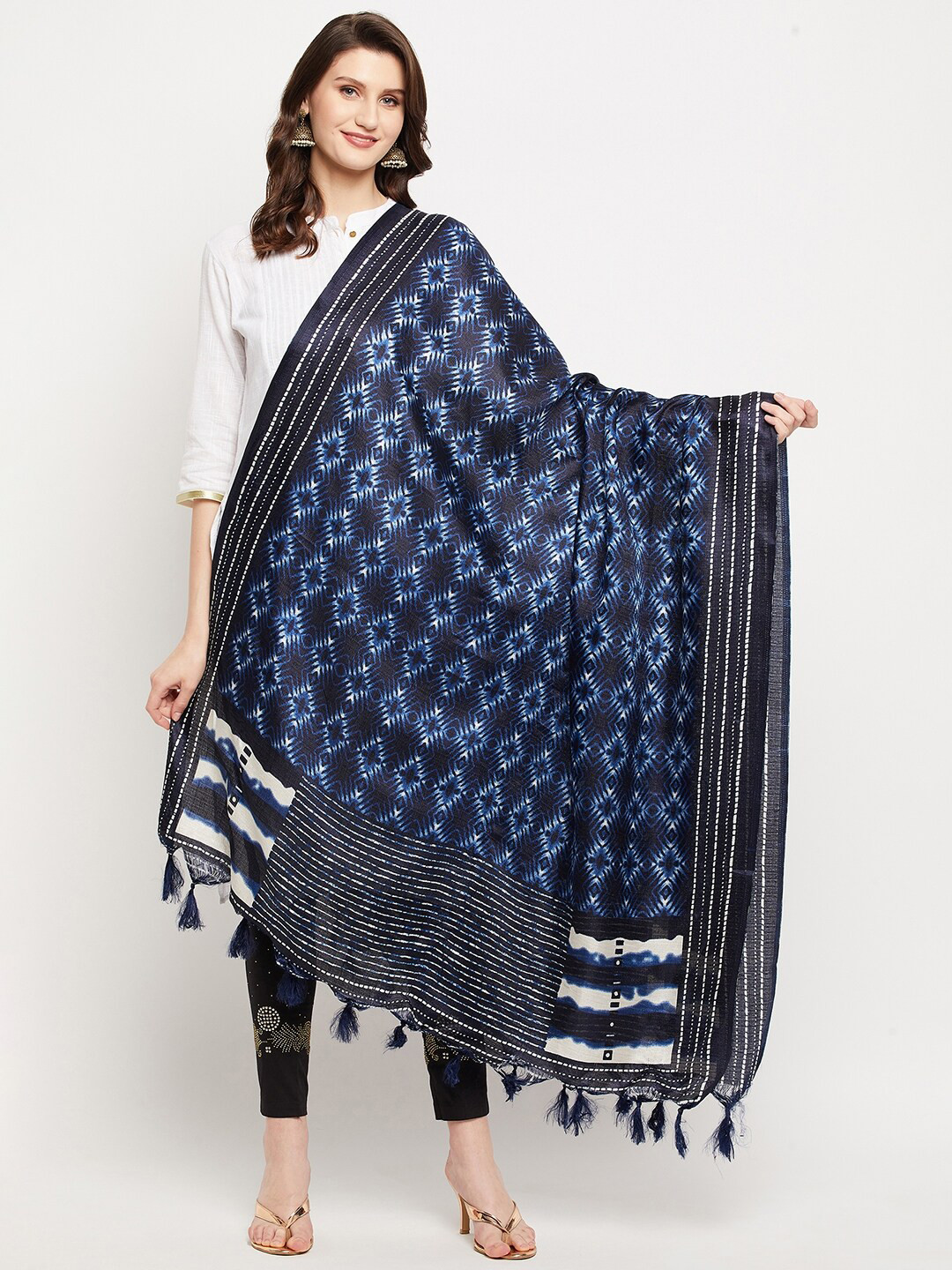 Navy Blue Screen Printed Crinkle Chiffon Dupatta DP61